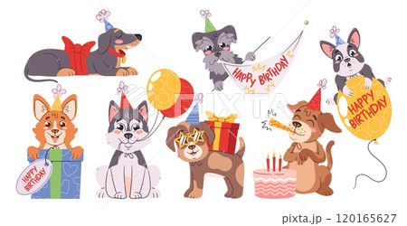Cute dogs characters celebrating happy birthday party, sharing wishes, giving gifts, making surprise Cute dogs characters celebrating happy birthday party, sharing wishes, giving gifts, making surprise 120165627