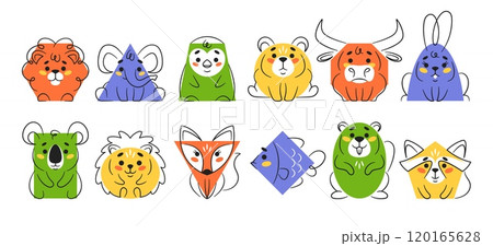 Cute geometric shapes and figures with funny animals faces and paw body parts isolated set Cute geometric shapes and figures with funny animals faces and paw body parts isolated set 120165628