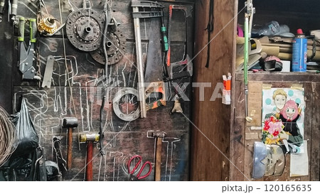 Rustic Workshop With Tools Hanging On Wooden Wall Rustic Workshop With Tools Hanging On Wooden Wall 120165635