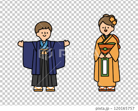 袴の男の子と着物の女の子の七五三イラスト 120165757