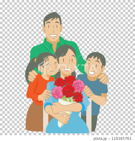 カーネーションの花束を持つ母親と周りを囲む家族 120165761