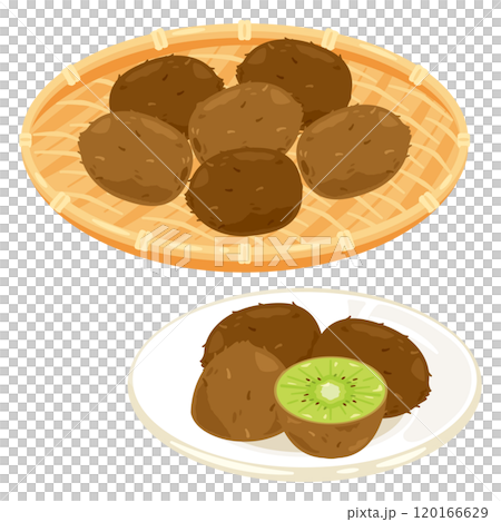 Green kiwi in a colander and green kiwi on a plate 120166629