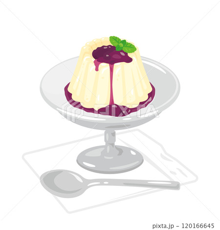 皿に盛られたブルーベリーパンナコッタ 120166645