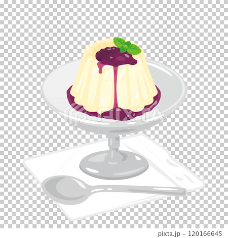 皿に盛られたブルーベリーパンナコッタ 120166645