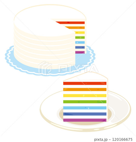 ホールのレインボーケーキとカットされたレインボーケーキセット ホールのレインボーケーキとカットされたレインボーケーキセット 120166675