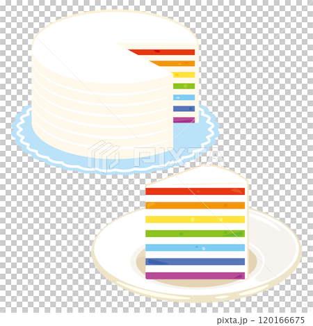 ホールのレインボーケーキとカットされたレインボーケーキセット ホールのレインボーケーキとカットされたレインボーケーキセット 120166675