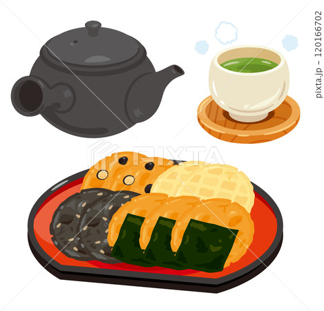 お盆に盛られた色々な煎餅とお茶セット 120166702