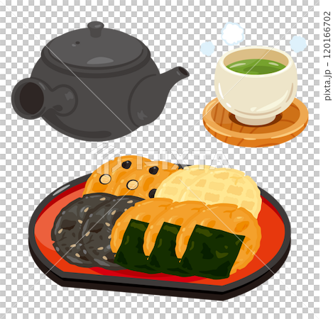 お盆に盛られた色々な煎餅とお茶セット 120166702