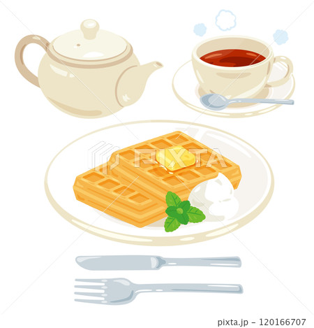 皿に盛られたワッフルと紅茶セット 皿に盛られたワッフルと紅茶セット 120166707