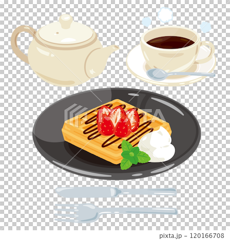 盤子上的草莓華夫餅和咖啡套裝 盤子上的草莓華夫餅和咖啡套裝 120166708