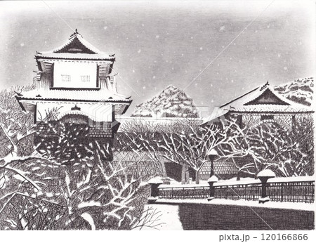 雪降る金沢城 120166866