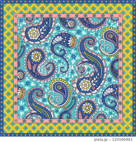 Floral scarf design with blue and teal paisley motifs and border decoration Floral scarf design with blue and teal paisley motifs and border decoration 120166981