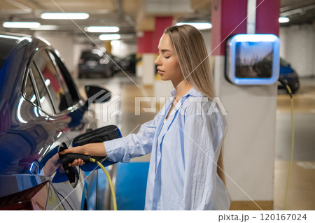 Woman charging an electric car in a parking garage, focused on energy efficiency. Woman charging an electric car in a parking garage, focused on energy efficiency. 120167024