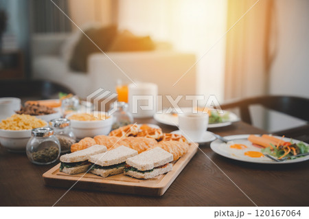 Fresh and bright continental breakfast healthy, Breakfast served food with beverage coffee, orange juice on table in the morning at home Fresh and bright continental breakfast healthy, Breakfast served food with beverage coffee, orange juice on table in the morning at home 120167064