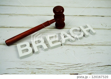 Breach alphabet letters and wooden gavel top view on wooden background Breach alphabet letters and wooden gavel top view on wooden background 120167320