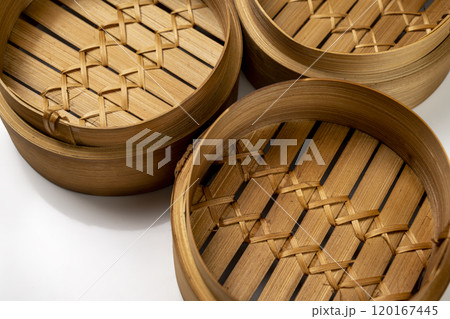 Set of chinese dim sum dumpling bamboo bowl basket isolated over white background 120167445