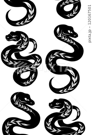 Vector seamless pattern with black silhouettes of snakes with ornate plant ornaments on a white background. Monochrome texture with serpents Vector seamless pattern with black silhouettes of snakes with ornate plant ornaments on a white background. Monochrome texture with serpents 120167501