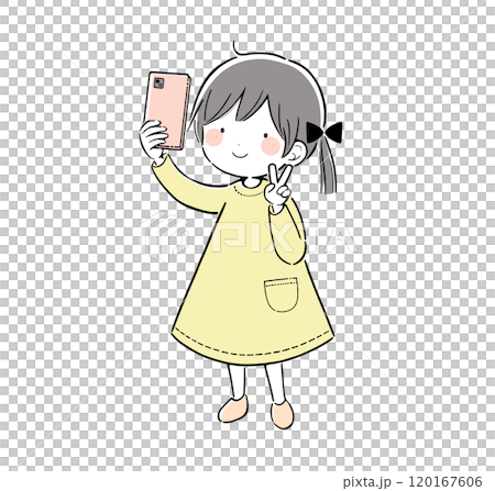 Illustration of a girl taking a selfie with a peace sign 120167606