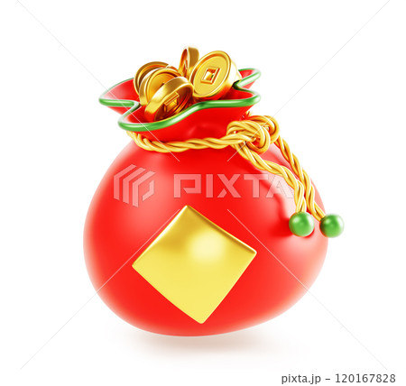 3d red money bag with chinese gold coin and rope isolated render icon. Asian sack with gift, pouch with golden cny cash. Symbol of good luck or fortune for oriental New Year design. 3D illustration 120167828