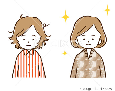 朝起きてから出かける前のビフォーアフターの女性 120167829