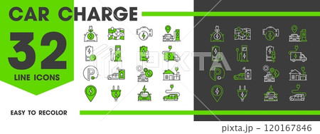 Car charge line icons or green energy and electric vehicles, vector symbols. Electrocar charging station line icons of plug and socket with green leaf, EV or BEV automobiles on electric power engine Car charge line icons or green energy and electric vehicles, vector symbols. Electrocar charging station line icons of plug and socket with green leaf, EV or BEV automobiles on electric power engine 120167846