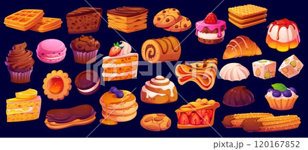 Cartoon confectionery and sweet pastry cakes and cookies or bakery desserts, vector icons. Cartoon pastry and confectionery cupcake, waffle and chocolate muffin, sweet pancake and croissant or nougat Cartoon confectionery and sweet pastry cakes and cookies or bakery desserts, vector icons. Cartoon pastry and confectionery cupcake, waffle and chocolate muffin, sweet pancake and croissant or nougat 120167852