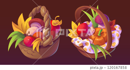 Autumn baskets set isolated on brown background Autumn baskets set isolated on brown background 120167858