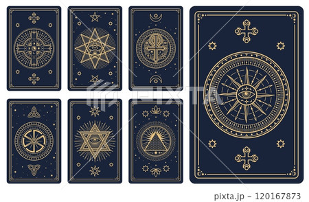 Magic tarot cards in vector line frames with mystic pattern of Moon, Sun, stars. Esoteric, astrology and spiritual tarot cards with celestial, occult and alchemy symbols, hexagram, eye of providence 120167873