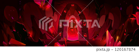 Mysterious glowing red portal in dark cave 120167874