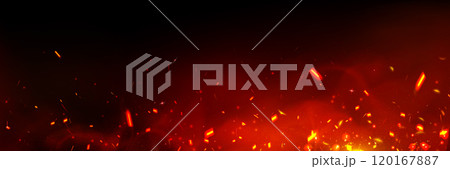 Fire sparks floating upward on dark background. 120167887