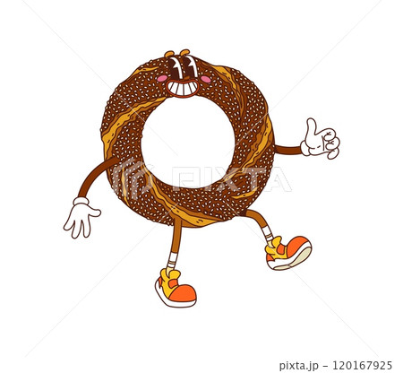 Cartoon groovy Turkish bagel simit bakery, bread and pastry character. Funny vector Istanbul cafe dessert, retro personage with sesame seeds and hippie sneakers smiling and showing thumbs-up gesture 120167925