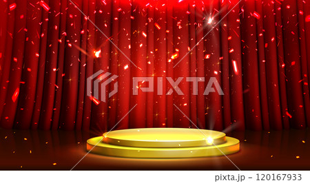 Golden podium stands before red velvet drapes. Golden podium stands before red velvet drapes. 120167933