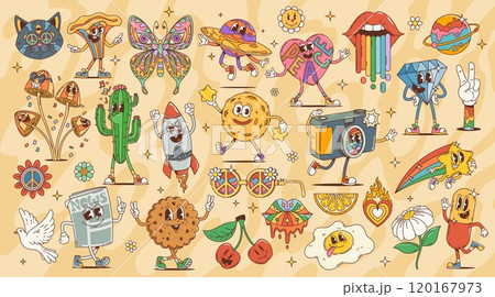 Cartoon retro funny groovy characters of cute flowers, rainbow lips, mushroom, star and planet. Vector personages of piece heart, daisy, cherry and butterfly, happy psychedelic cactus, rocket and cat 120167973