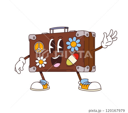 Cartoon retro groovy leather travel suitcase character with funny face, vector 70s hippie comic. Groovy travel bag or suitcase with peace sign and flag stickers with funky happy smile in retro cartoon 120167979