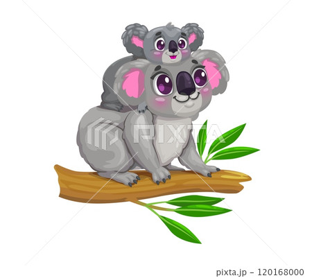 Cartoon cute koala bear mother with child character. Zoo animal childish isolated vector personage, Australia jungle bear cute or koala mom with kid comical characters sitting on eucalyptus branch 120168000
