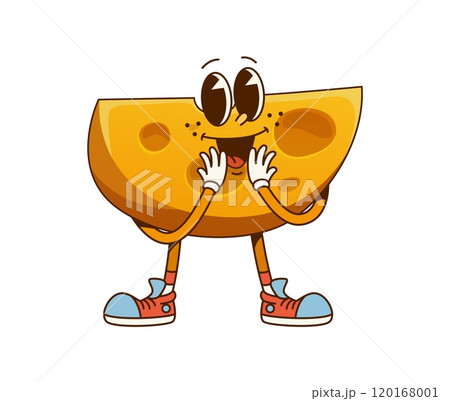 Cute groovy cheese slice character. Edam hard cheese wedge comical character, parmesan milk product slice or cheddar piece funny vintage groovy vector personage, camembert chunk happy isolated mascot Cute groovy cheese slice character. Edam hard cheese wedge comical character, parmesan milk product slice or cheddar piece funny vintage groovy vector personage, camembert chunk happy isolated mascot 120168001