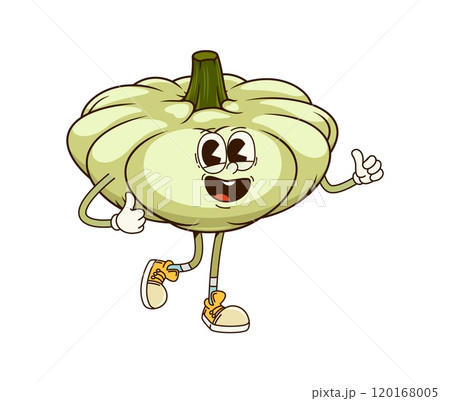 Groovy squash pumpkin vegetable character with a big happy smile and expressive eyes. Isolated cartoon vector cheerful, healthy, farm veggie food personage wearing sneakers, happily giving thumbs-up Groovy squash pumpkin vegetable character with a big happy smile and expressive eyes. Isolated cartoon vector cheerful, healthy, farm veggie food personage wearing sneakers, happily giving thumbs-up 120168005