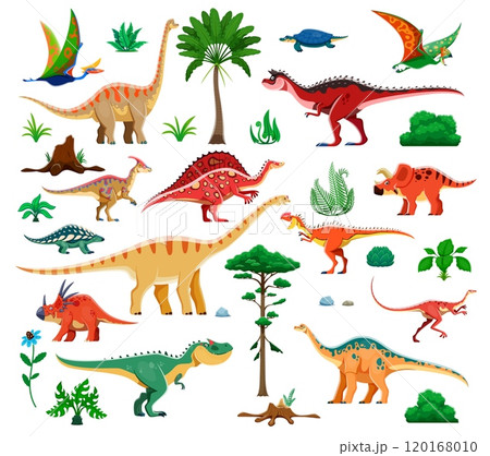 Prehistoric dinosaurs and Jurassic era lizards collection of funny dinos, vector cartoon characters. Prehistoric dinosaurs, birds and reptiles, styracosaurus and arrhinosurus, tapejara and henodus 120168010