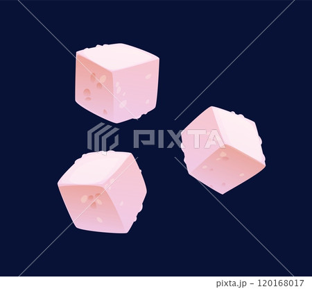 Tropical sugar cubes. Cartoon vector three cubic pieces floating in the air. Essential ingredient for tea, coffee, drinks, food and beverage sweeten. Sweet sugar cubes, dessert or candy 120168017