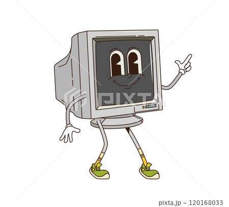 Cartoon groovy computer display retro character with funny face, vector funky comic. Groovy freaky old display of desktop PC computer with happy funny smile on positive vibes for emoji emoticon Cartoon groovy computer display retro character with funny face, vector funky comic. Groovy freaky old display of desktop PC computer with happy funny smile on positive vibes for emoji emoticon 120168033