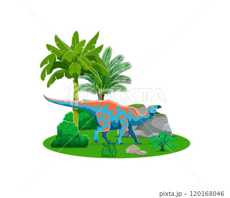 Cartoon dinosaur and prehistoric lizard Iguanodon character, vector animal from Jurassic or Cretaceous period. Iguanodon prehistoric dinosaur species or funny dino in jungle park for kids collection 120168046