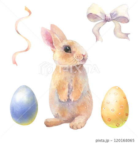 Easter rabbit watercolor. Cute vintage bunny isolated on white background. Hand painted illustration for happy holidays. Drawing on isolated white background for greeting cards or invitations 120168065