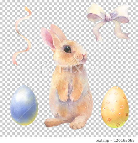 Easter rabbit watercolor. Cute vintage bunny isolated on white background. Hand painted illustration for happy holidays. Drawing on isolated white background for greeting cards or invitations 120168065