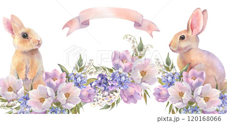 Watercolor seamless bordure with little peach rabbits is sitting in the spring flowers. Easter bunny and crocuses, snowdrops. Template for designs , card, wallpaper. 120168066