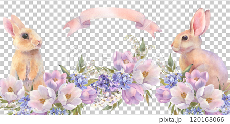 Watercolor seamless bordure with little peach rabbits is sitting in the spring flowers. Easter bunny and crocuses, snowdrops. Template for designs , card, wallpaper. 120168066