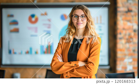 Businesswoman presentation marketing and profit with graph at office. 120168313