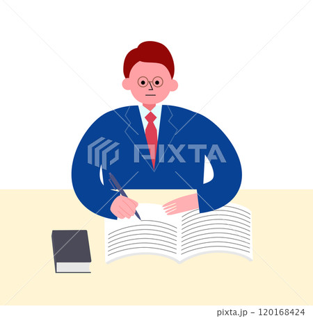 机に向かって勉強をするスーツの男性のイラスト 120168424
