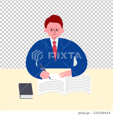 机に向かって勉強をするスーツの男性のイラスト 120168424