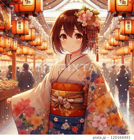 初詣で見つけた素敵な女性、お参り 120168491