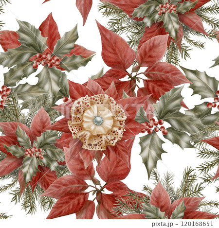 Vintage Christmas seamless pattern of red poinsettia flowers,holly leaves with berries, spruce branches lace bow brooch with silk insert in beige with pearl and beads on white background Vintage Christmas seamless pattern of red poinsettia flowers,holly leaves with berries, spruce branches lace bow brooch with silk insert in beige with pearl and beads on white background 120168651
